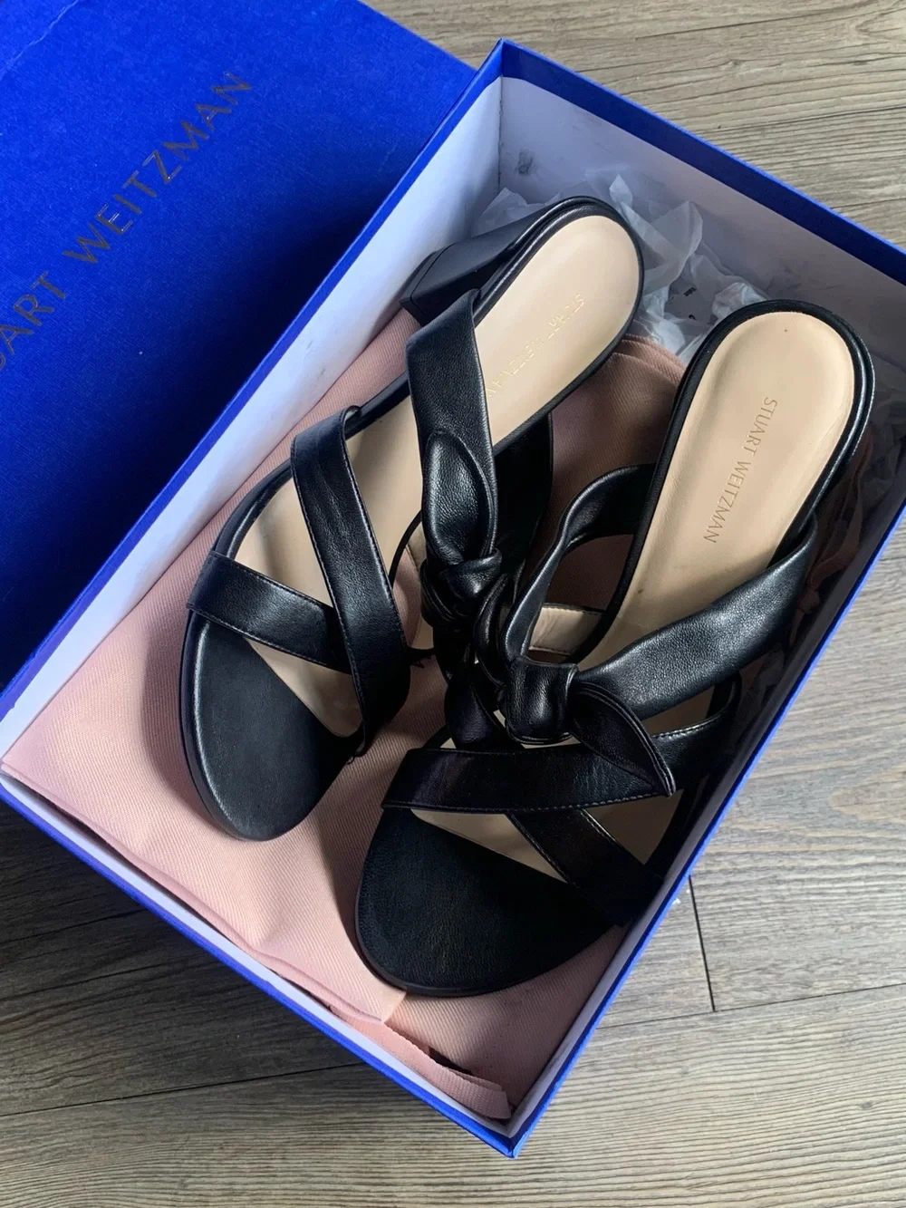 Stuart Weitzman Black Leather Bandeau Slide Sandal Bow 8